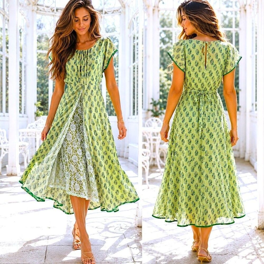 Cottagecore XL Lace Romantic Midi Dress Green Floral Belted European Summer Chic